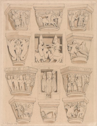 Capitals and A and B Bas-Reliefs in the Abbey Church of Saint Georges de Bocherville, near Rouen, Normandy by John Sell Cotman